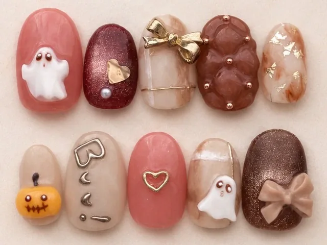 MIRI NAILのネイルチップ10本。おばけ、かぼちゃ、ハート、リボン、キルティングと大理石アートを上下5本ずつ並べた商品画像。