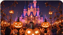 ハロウィンのかぼちゃとライトアップされたお城